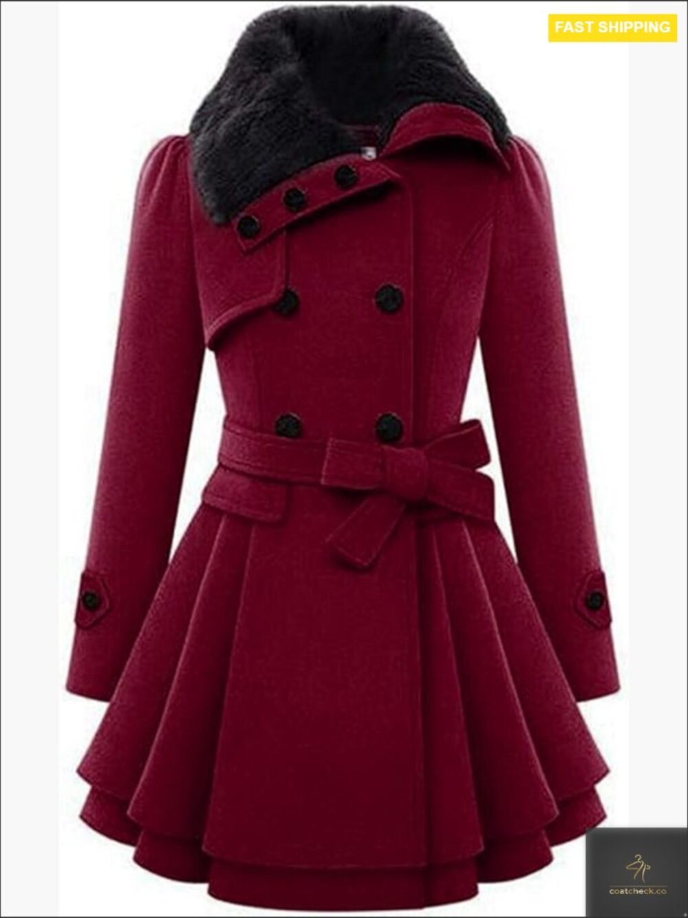 Faux Fur Lapel Wool Trench Coat Double Breasted Winter Chic Elegant